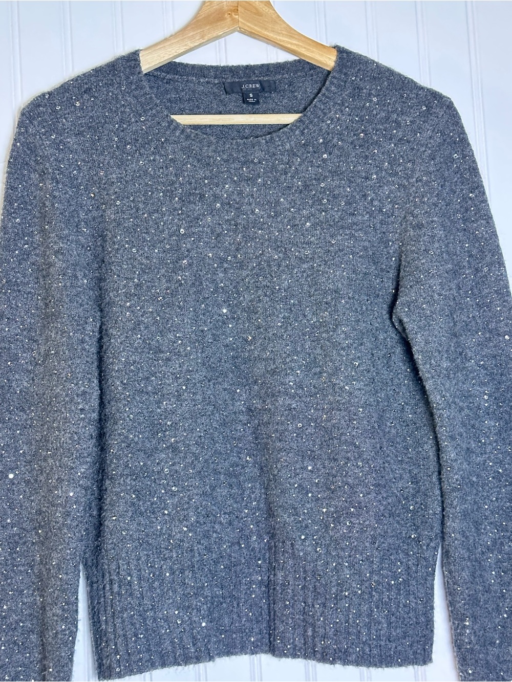 J. Crew Sparkle Soft Merino Wool Alpaca Gray gemstones/crystals S Crew Neck Soft - Picture 2 of 11